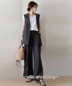 セットアップ 2点セット レディース ジャケット 袖なし 羽織り アウター ジレ ボトムズ ワイドパンツ ウエストゴム リボン ゆったり 無地 大人おしゃれ スーツ風