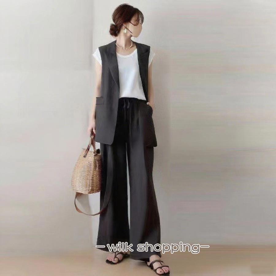 セットアップ 2点セット レディース ジャケット 袖なし 羽織り アウター ジレ ボトムズ ワイドパンツ ウエストゴム リボン ゆったり 無地 大人おしゃれ スーツ風