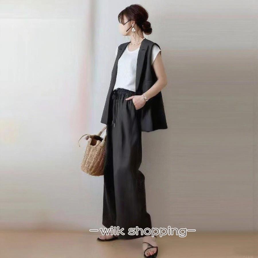 セットアップ 2点セット レディース ジャケット 袖なし 羽織り アウター ジレ ボトムズ ワイドパンツ ウエストゴム リボン ゆったり 無地 大人おしゃれ スーツ風 - 画像 (2)