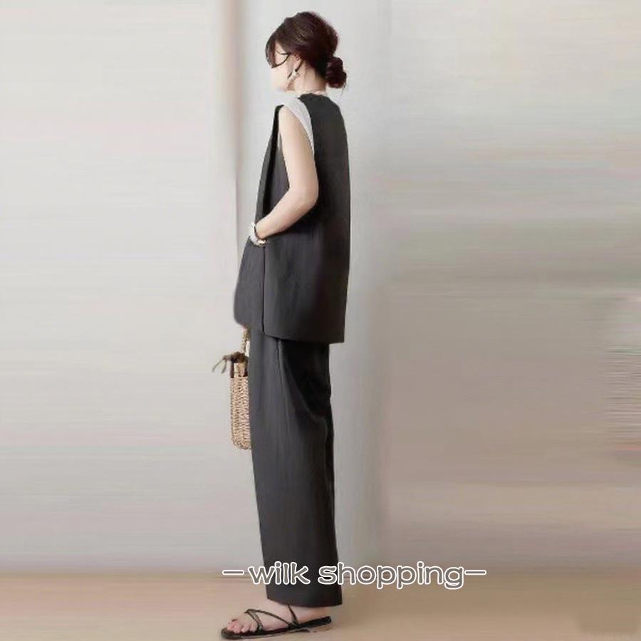 セットアップ 2点セット レディース ジャケット 袖なし 羽織り アウター ジレ ボトムズ ワイドパンツ ウエストゴム リボン ゆったり 無地 大人おしゃれ スーツ風 - 画像 (3)