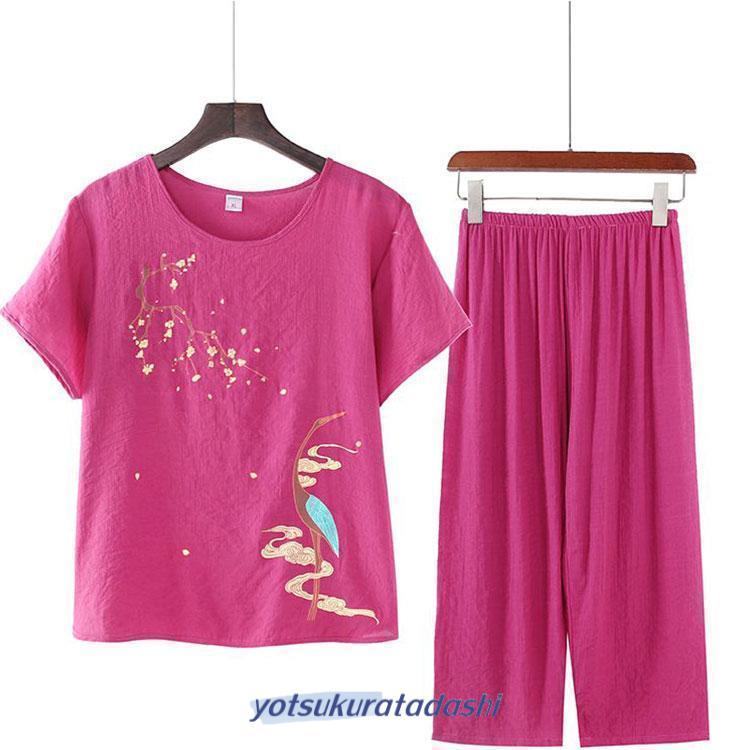 綿麻 セットアップ リネン トップス パンツ 半袖 ウエストゴム レディース Tシャツ ブラウス ワイドパンツ パンツセットアップ 部屋着 夏 夏用 - 画像 (3)