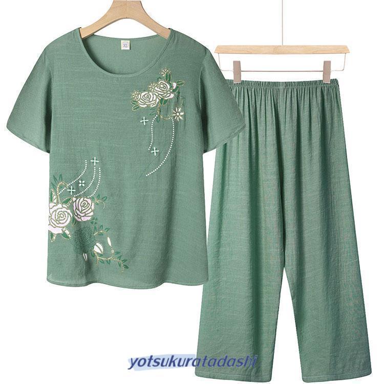 綿麻 セットアップ リネン トップス パンツ 半袖 ウエストゴム レディース Tシャツ ブラウス ワイドパンツ パンツセットアップ 部屋着 夏 夏用 - 画像 (4)