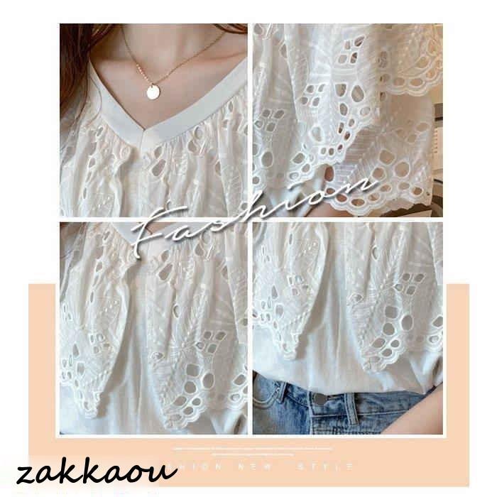 ブラウス レディース 40代 春夏 オシャレブラウス 白ブラウス 通勤OL おしゃれ上品 フレア袖 レースブラウス透かし雕り 大人 ゆったり 30代50代 半袖トップス
