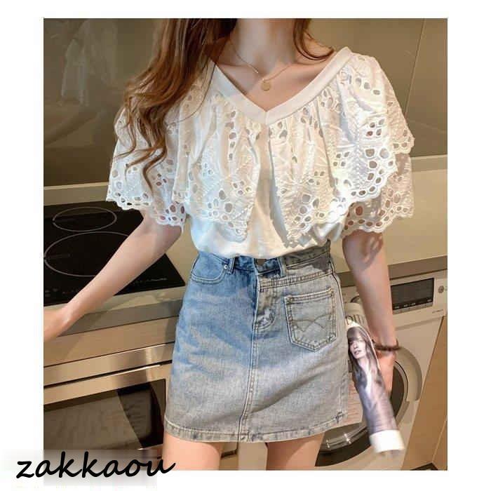 ブラウス レディース 40代 春夏 オシャレブラウス 白ブラウス 通勤OL おしゃれ上品 フレア袖 レースブラウス透かし雕り 大人 ゆったり 30代50代 半袖トップス - 画像 (5)