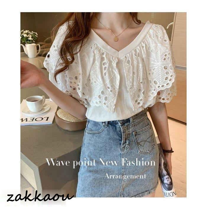 ブラウス レディース 40代 春夏 オシャレブラウス 白ブラウス 通勤OL おしゃれ上品 フレア袖 レースブラウス透かし雕り 大人 ゆったり 30代50代 半袖トップス - 画像 (6)