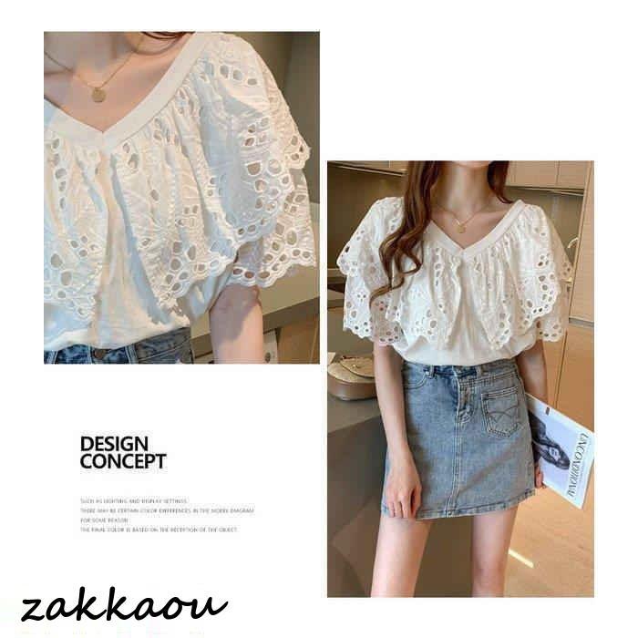 ブラウス レディース 40代 春夏 オシャレブラウス 白ブラウス 通勤OL おしゃれ上品 フレア袖 レースブラウス透かし雕り 大人 ゆったり 30代50代 半袖トップス - 画像 (7)