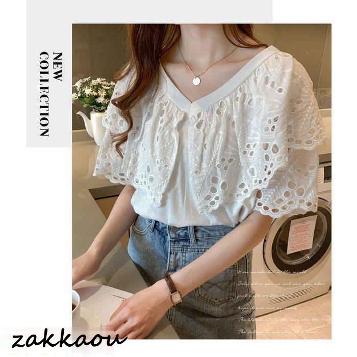 ブラウス レディース 40代 春夏 オシャレブラウス 白ブラウス 通勤OL おしゃれ上品 フレア袖 レースブラウス透かし雕り 大人 ゆったり 30代50代 半袖トップス - 画像 (9)