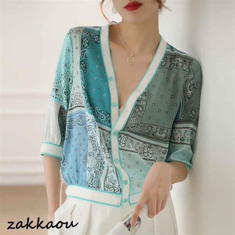 ブラウス レディース きれいめ 40代 春夏 上品 半袖 通勤 トップス 50代 プリントシャツ 着痩せ 大人 透かし彫り 韓国風 30代 - 画像 (3)